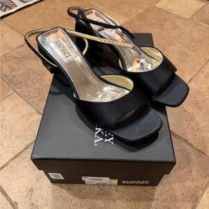 Badgley Mischka Black Satin Open-Toe Slingback Heels